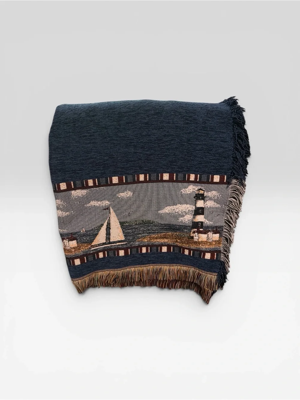 Nautical Lighthouse Tapestry Throw and Pillow - Blue, Gray, Brown